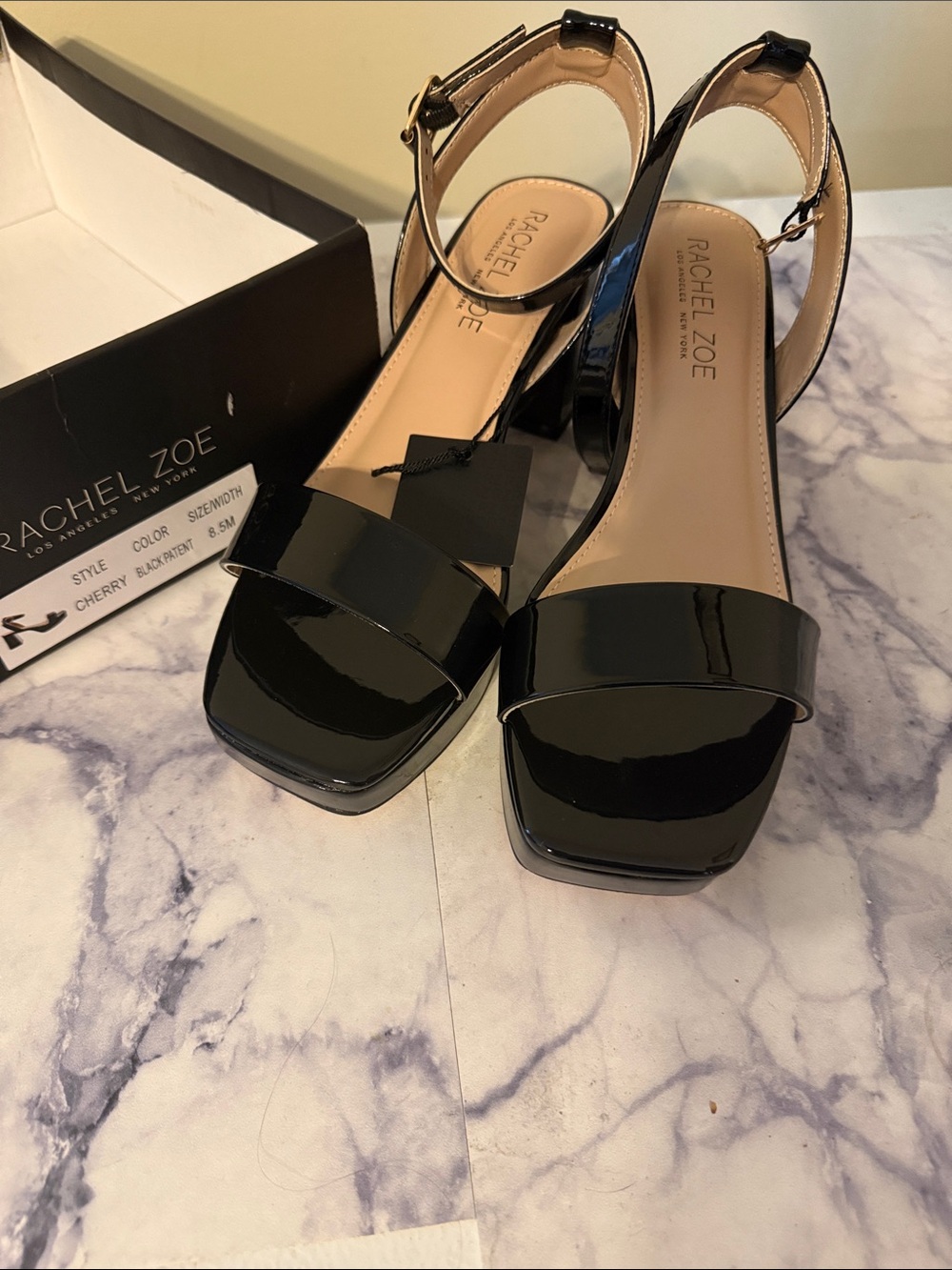Rachel Zoe Black Patent Ankle-Strap Block Heel Sandals